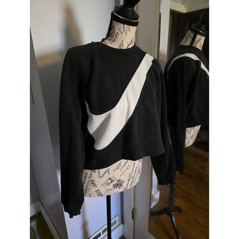 Vintage Y2K Nike Womens Big Swoosh Cropped Sweatshirt Black White Pullover Large